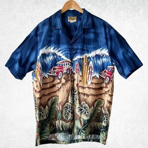 Hawaiian Shirt Mens Size XL Surfboards Woody Cars Coconut Buttons Winnie Fashion